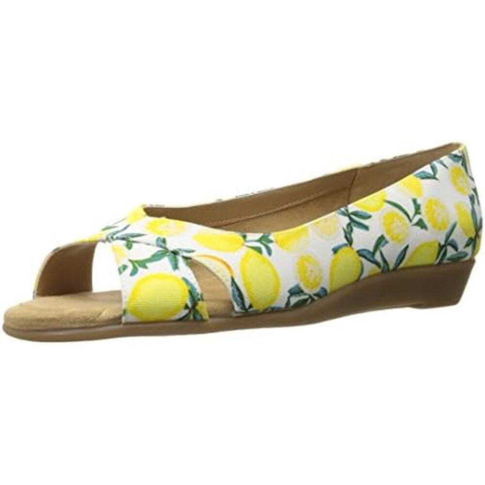 Aerosoles Womens 8.5M White Yellow Lemon Patterned Summer Flats with Short Heel